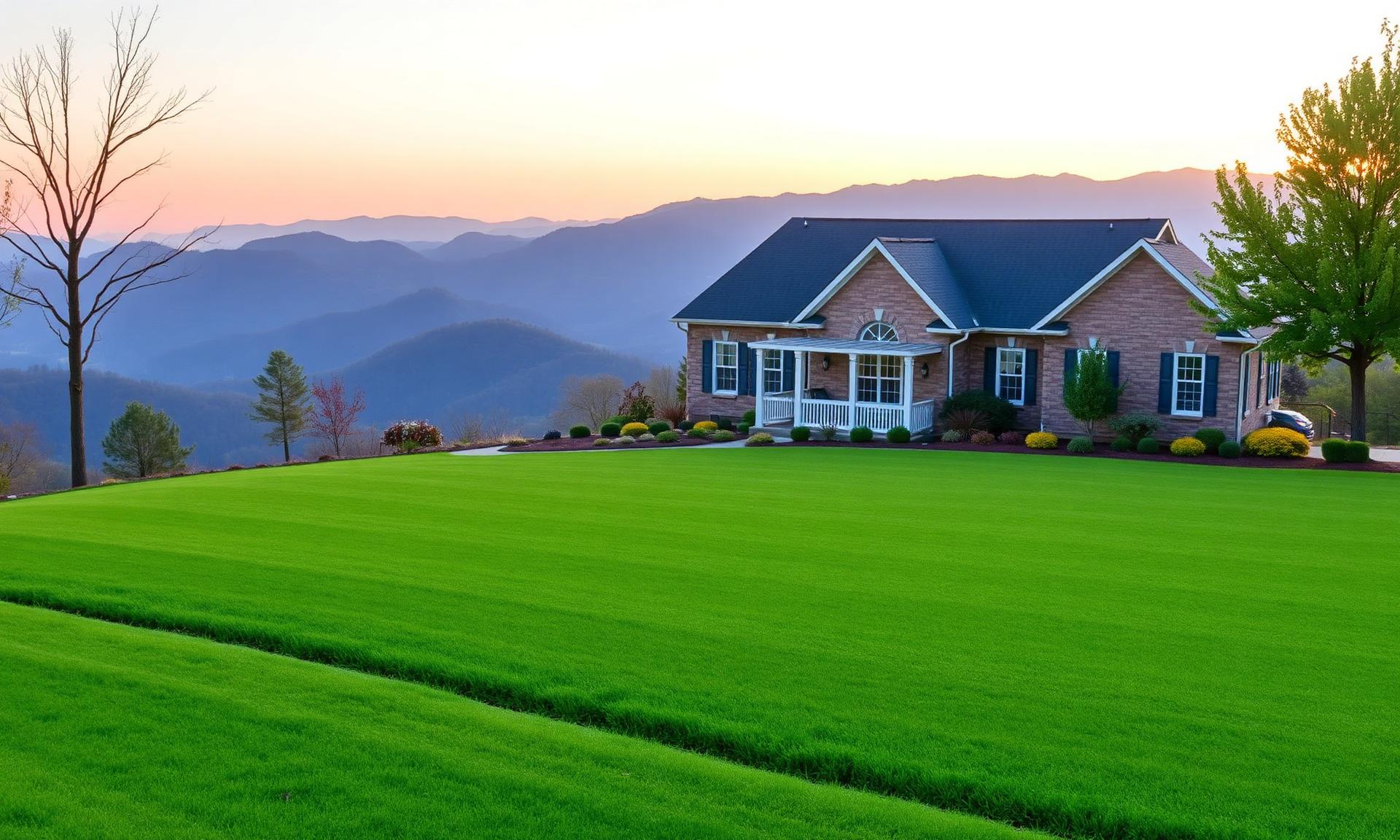 Asheville mountain home with a freshly mowed lawn and landscaped beds