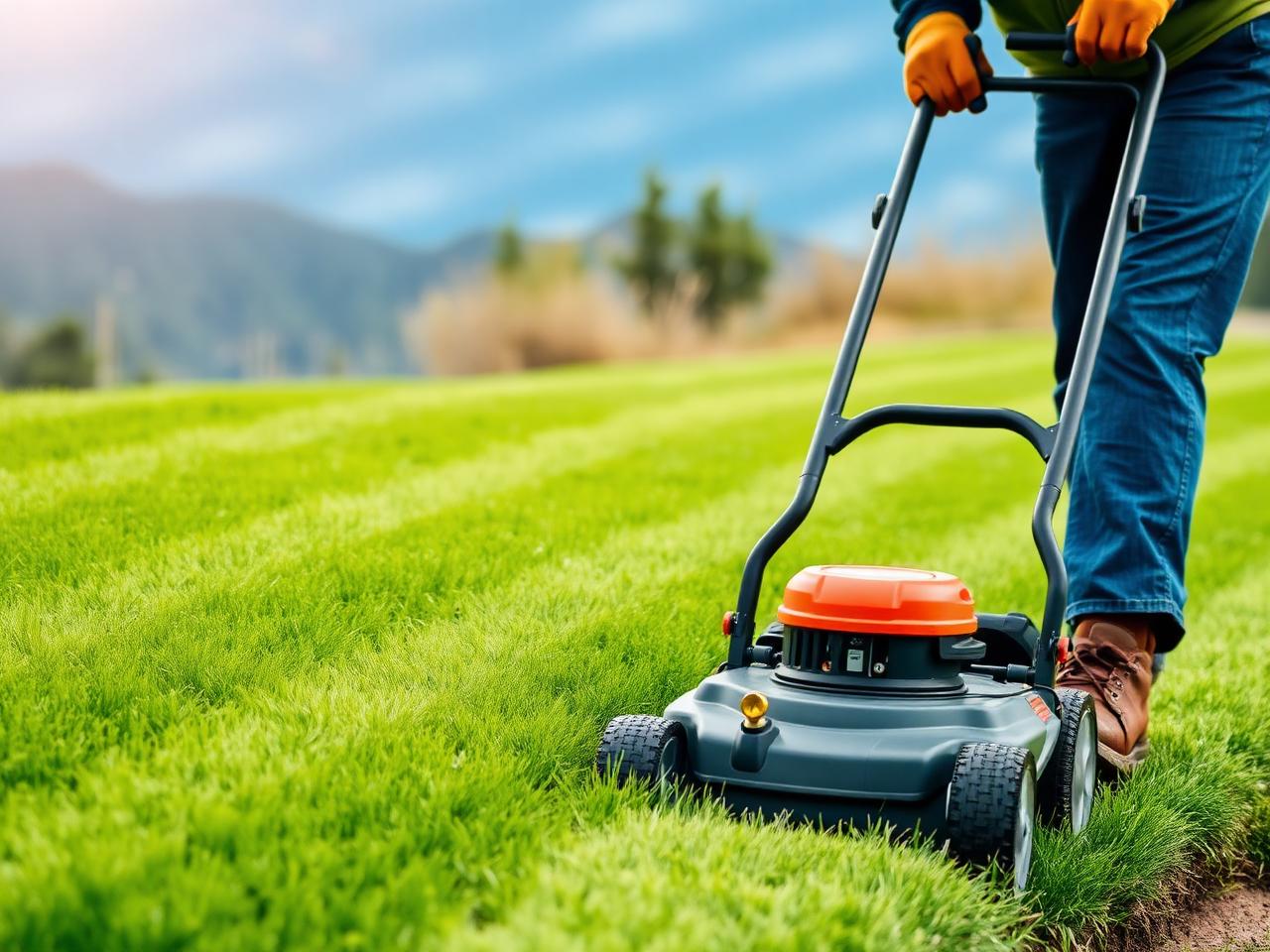 Crew member mowing crisp stripes into a green lawn